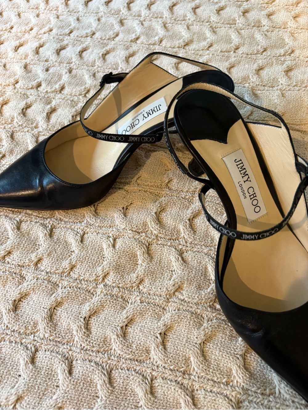 Jimmy Choo Black Slingback Heels Pointed Toe Logo Strap Size 37